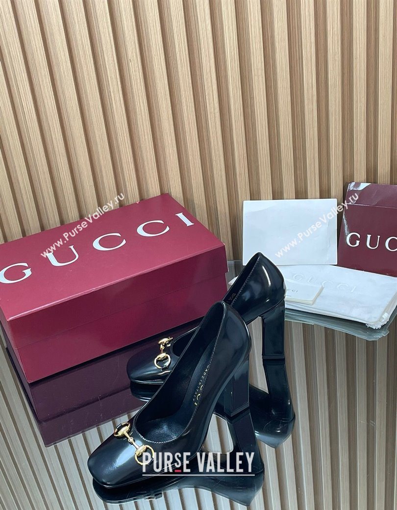 Gucci Shiny Leather Pumps 10cm with Horsebit Black 2025 GG121801 (MD-251218066)