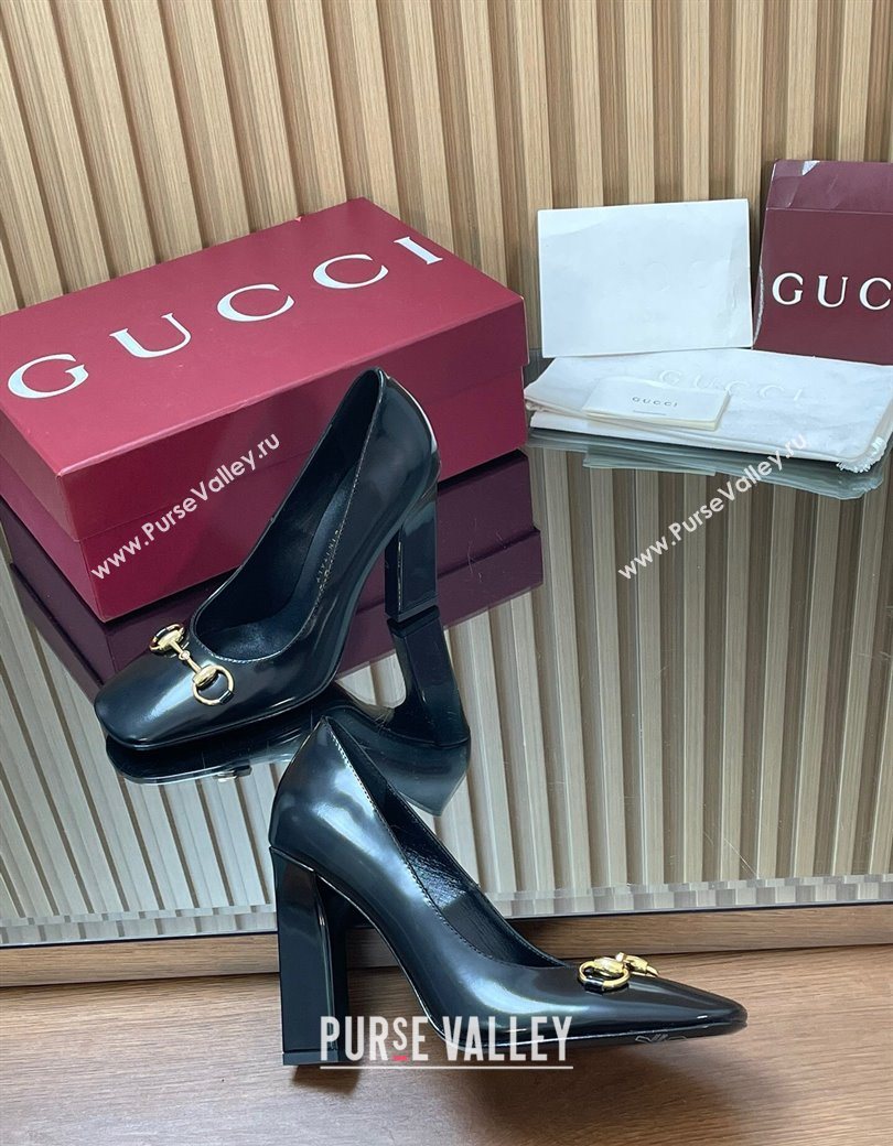 Gucci Shiny Leather Pumps 10cm with Horsebit Black 2025 GG121801 (MD-251218066)