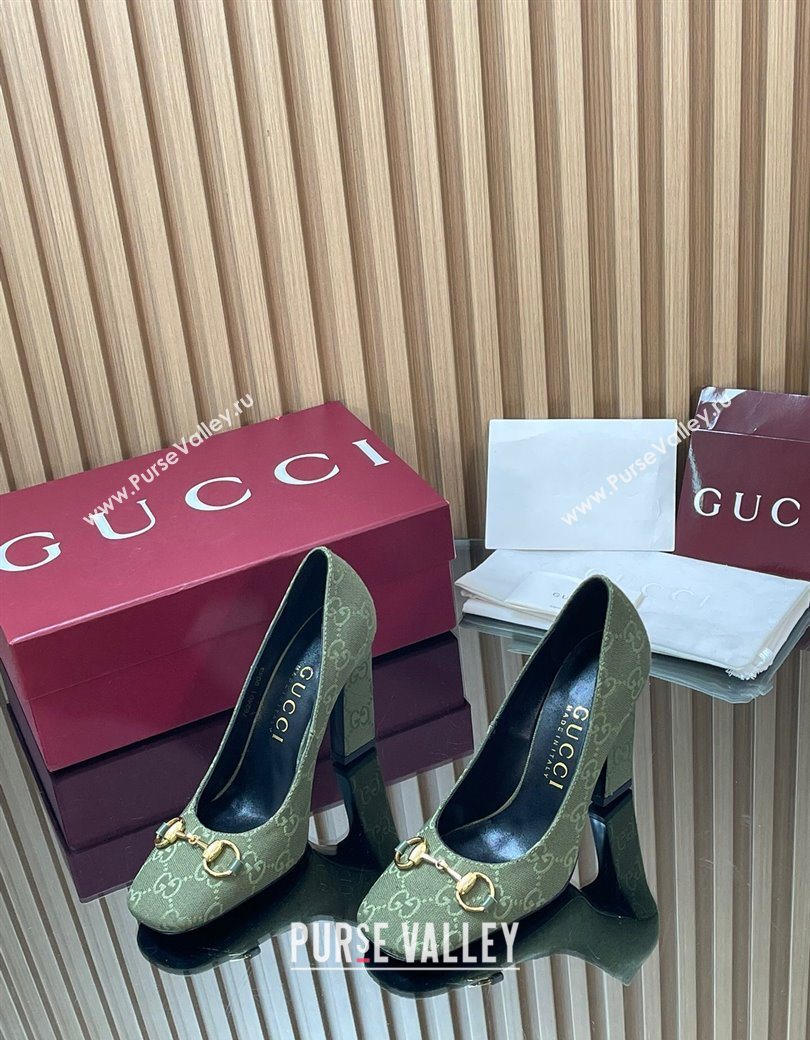 Gucci GG Canvas Pumps 10cm with Horsebit Green 2025 GG121801 (MD-251218069)