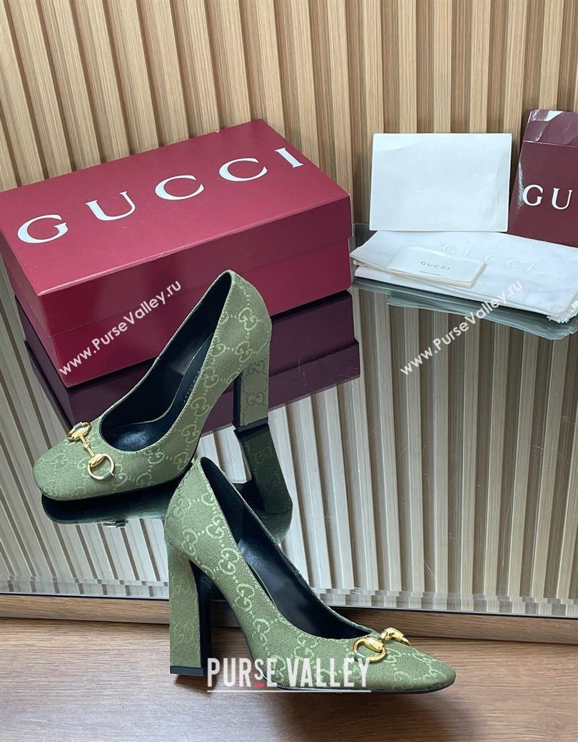 Gucci GG Canvas Pumps 10cm with Horsebit Green 2025 GG121801 (MD-251218069)