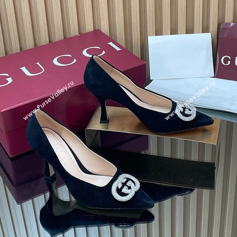 Gucci Suede Pumps 8.5cm with Strass Interlocking G Black 2025 852995 (MD-251218071)