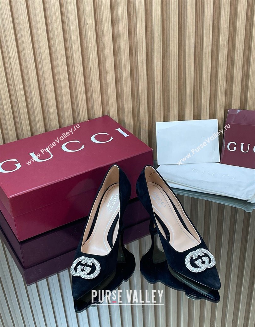Gucci Suede Pumps 8.5cm with Strass Interlocking G Black 2025 852995 (MD-251218071)