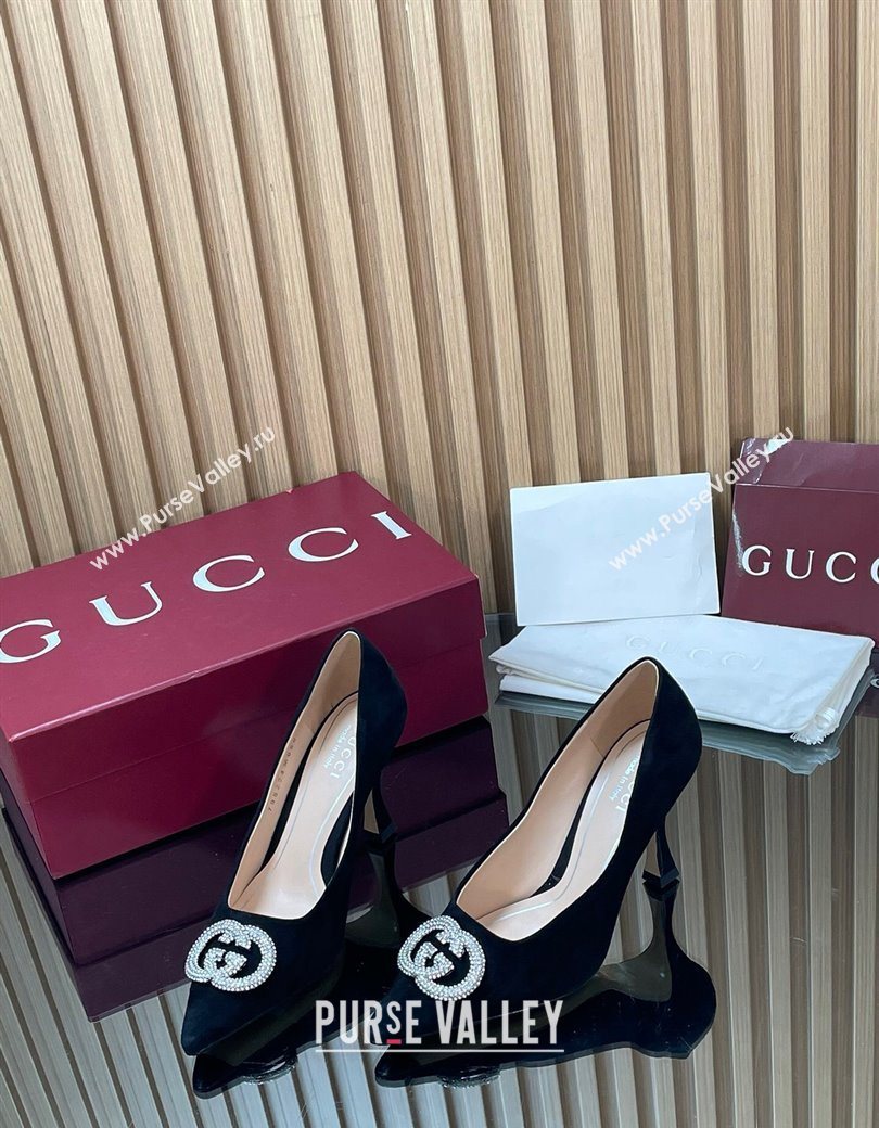 Gucci Suede Pumps 8.5cm with Strass Interlocking G Black 2025 852995 (MD-251218071)