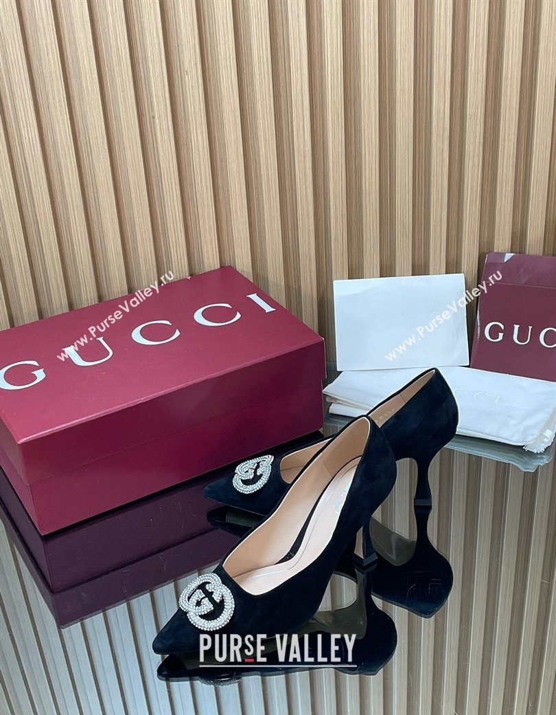 Gucci Suede Pumps 8.5cm with Strass Interlocking G Black 2025 852995 (MD-251218071)