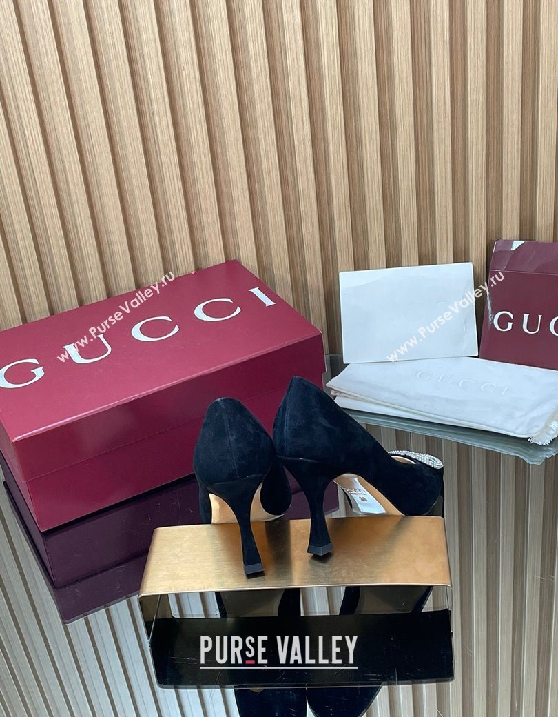Gucci Suede Pumps 8.5cm with Strass Interlocking G Black 2025 852995 (MD-251218071)