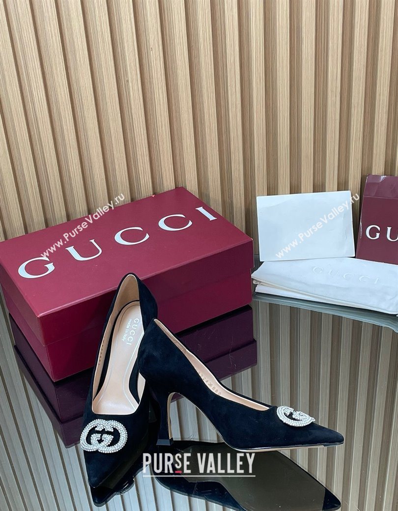 Gucci Suede Pumps 8.5cm with Strass Interlocking G Black 2025 852995 (MD-251218071)