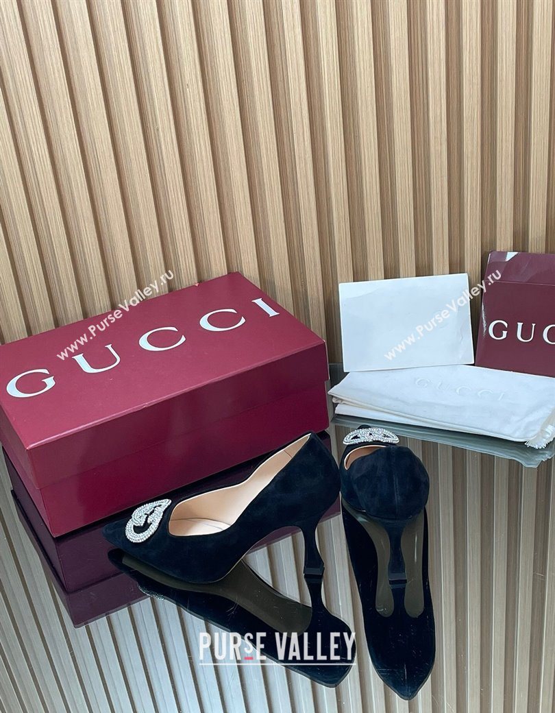 Gucci Suede Pumps 8.5cm with Strass Interlocking G Black 2025 852995 (MD-251218071)