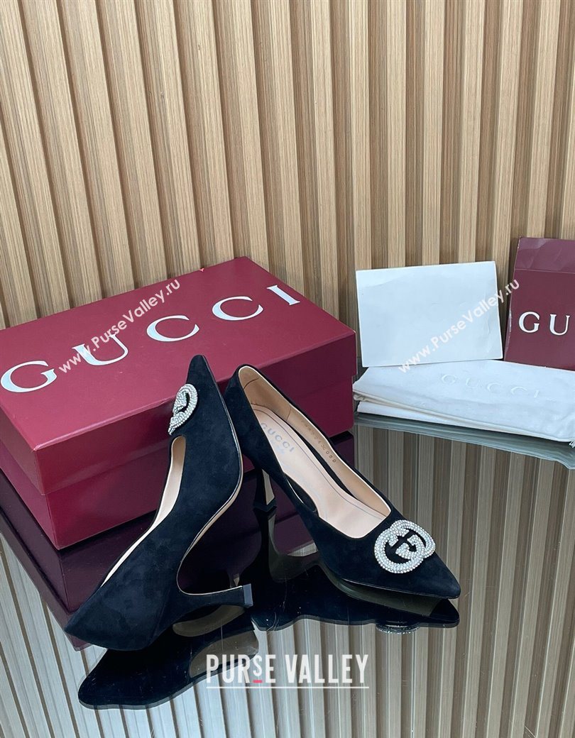 Gucci Suede Pumps 8.5cm with Strass Interlocking G Black 2025 852995 (MD-251218071)