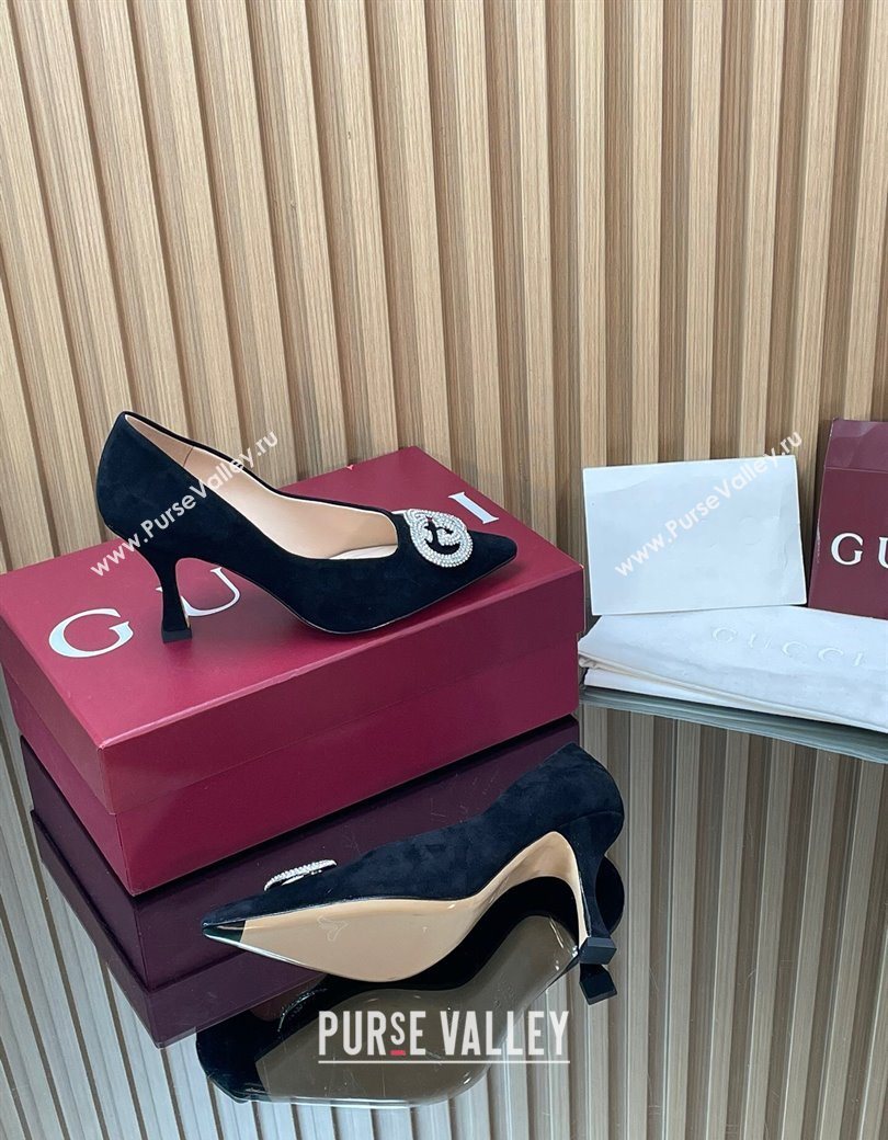 Gucci Suede Pumps 8.5cm with Strass Interlocking G Black 2025 852995 (MD-251218071)