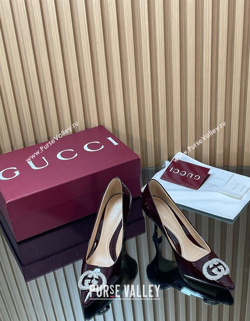 Gucci Patent Leather Pumps 8.5cm with Strass Interlocking G Brown 2025 852995 (MD-251218078)