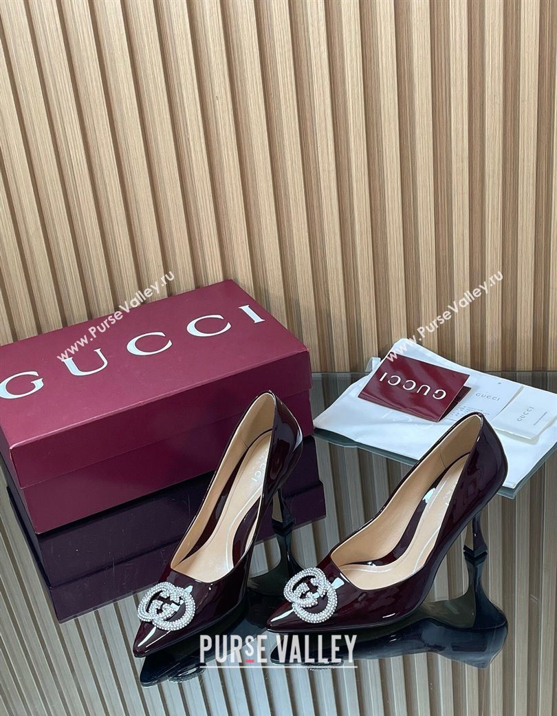 Gucci Patent Leather Pumps 8.5cm with Strass Interlocking G Brown 2025 852995 (MD-251218078)