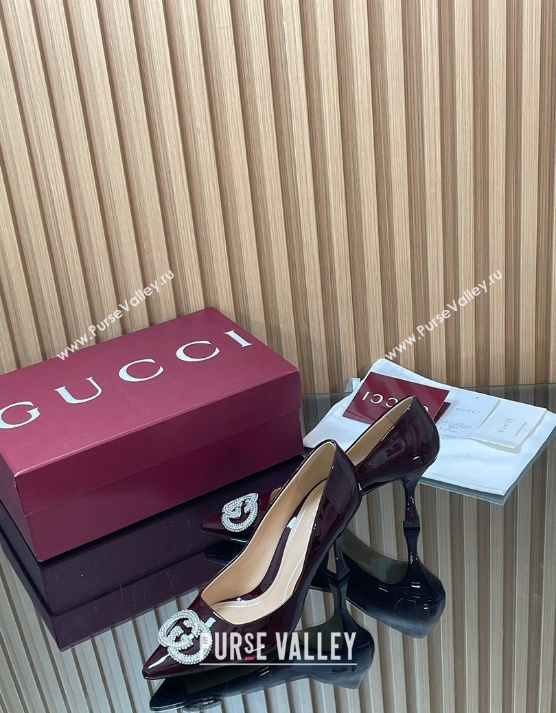 Gucci Patent Leather Pumps 8.5cm with Strass Interlocking G Brown 2025 852995 (MD-251218078)