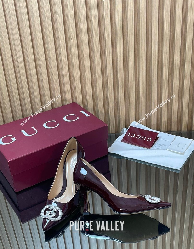 Gucci Patent Leather Pumps 8.5cm with Strass Interlocking G Brown 2025 852995 (MD-251218078)