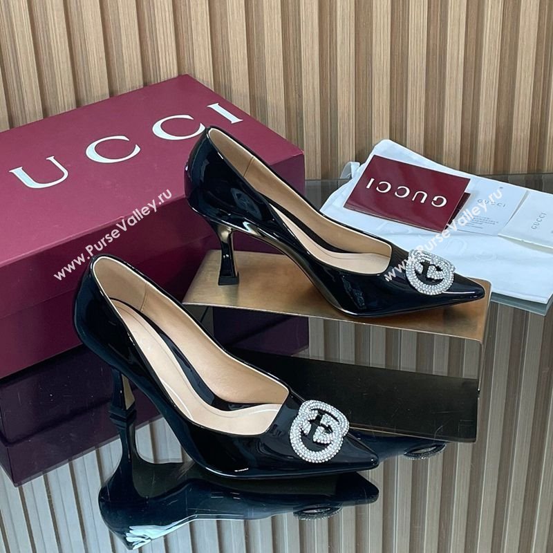 Gucci Patent Leather Pumps 8.5cm with Strass Interlocking G Black 2025 852995 (MD-251218079)
