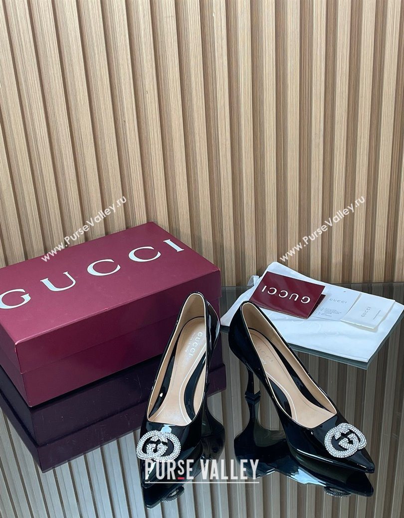 Gucci Patent Leather Pumps 8.5cm with Strass Interlocking G Black 2025 852995 (MD-251218079)