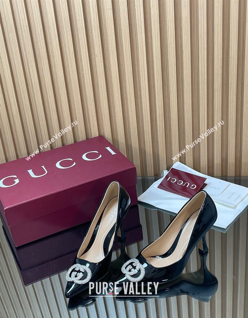 Gucci Patent Leather Pumps 8.5cm with Strass Interlocking G Black 2025 852995 (MD-251218079)