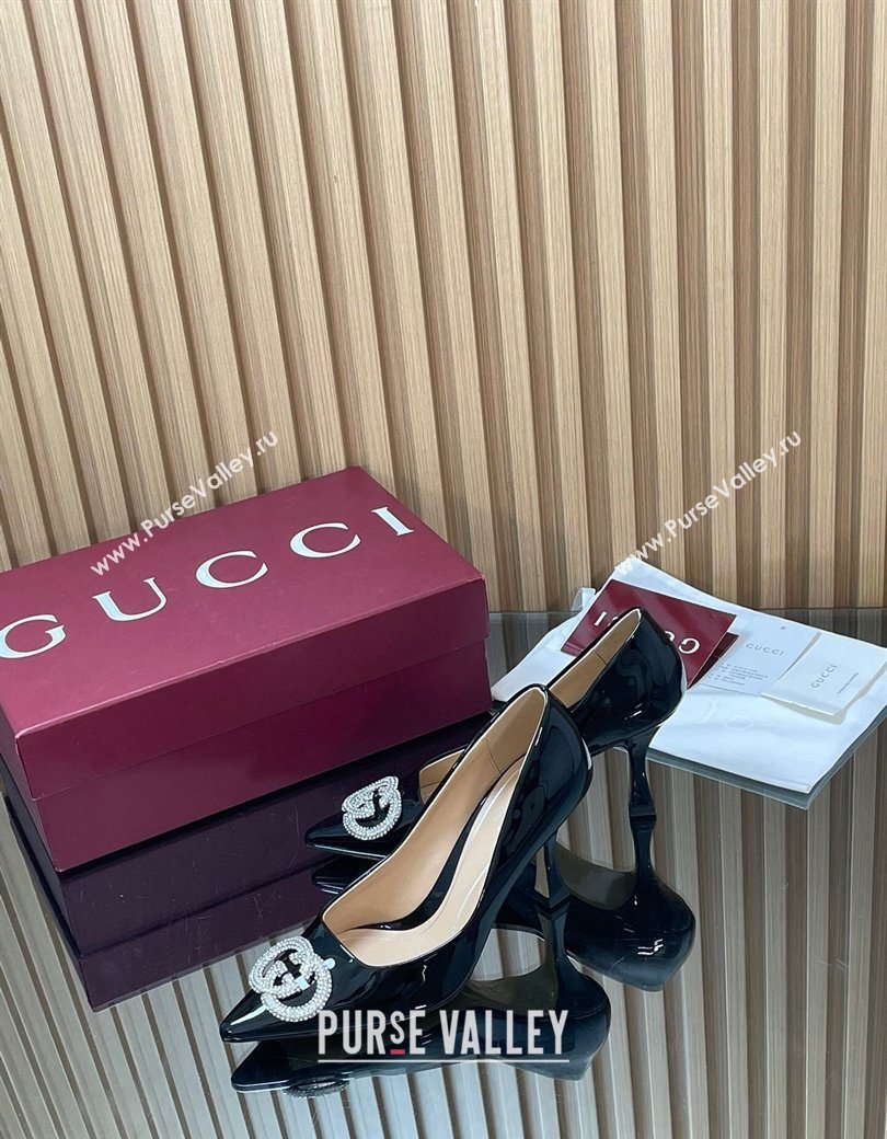 Gucci Patent Leather Pumps 8.5cm with Strass Interlocking G Black 2025 852995 (MD-251218079)