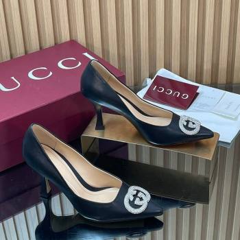 Gucci Calf Leather Pumps 8.5cm with Strass Interlocking G Black 2025 852995 (MD-251218080)
