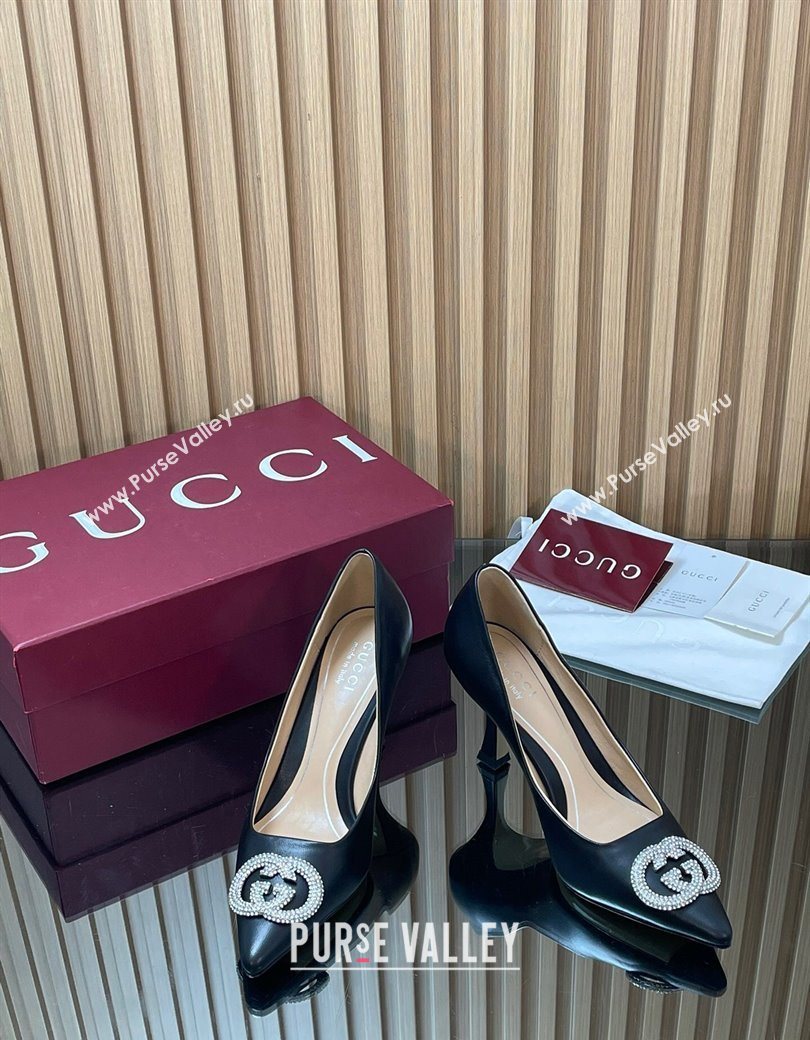 Gucci Calf Leather Pumps 8.5cm with Strass Interlocking G Black 2025 852995 (MD-251218080)