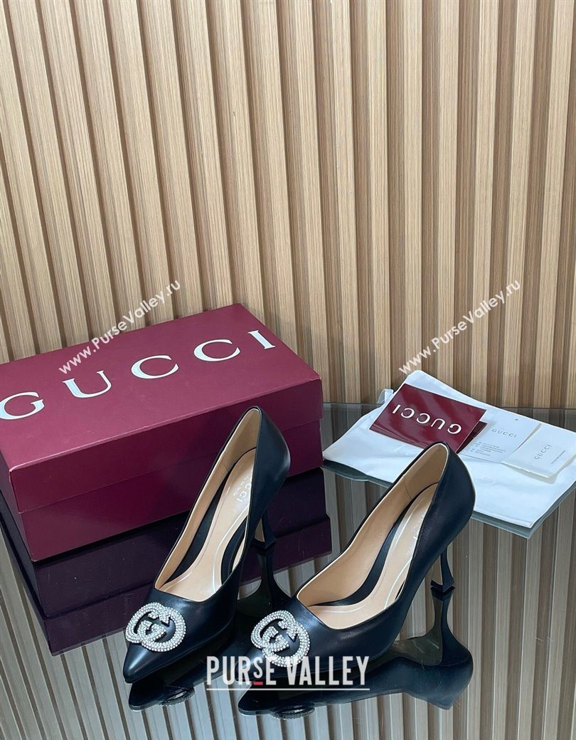 Gucci Calf Leather Pumps 8.5cm with Strass Interlocking G Black 2025 852995 (MD-251218080)