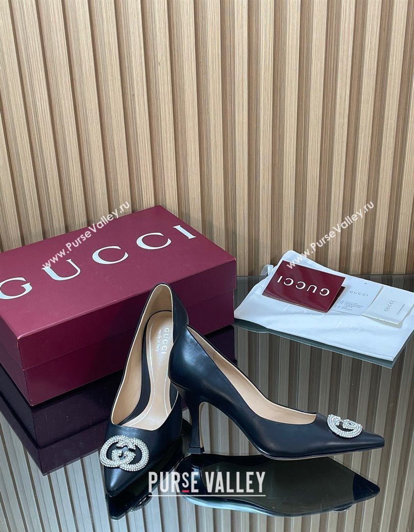 Gucci Calf Leather Pumps 8.5cm with Strass Interlocking G Black 2025 852995 (MD-251218080)