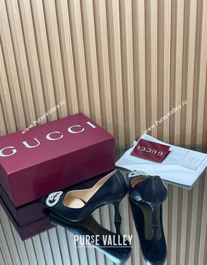Gucci Calf Leather Pumps 8.5cm with Strass Interlocking G Black 2025 852995 (MD-251218080)