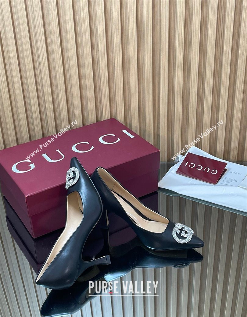 Gucci Calf Leather Pumps 8.5cm with Strass Interlocking G Black 2025 852995 (MD-251218080)