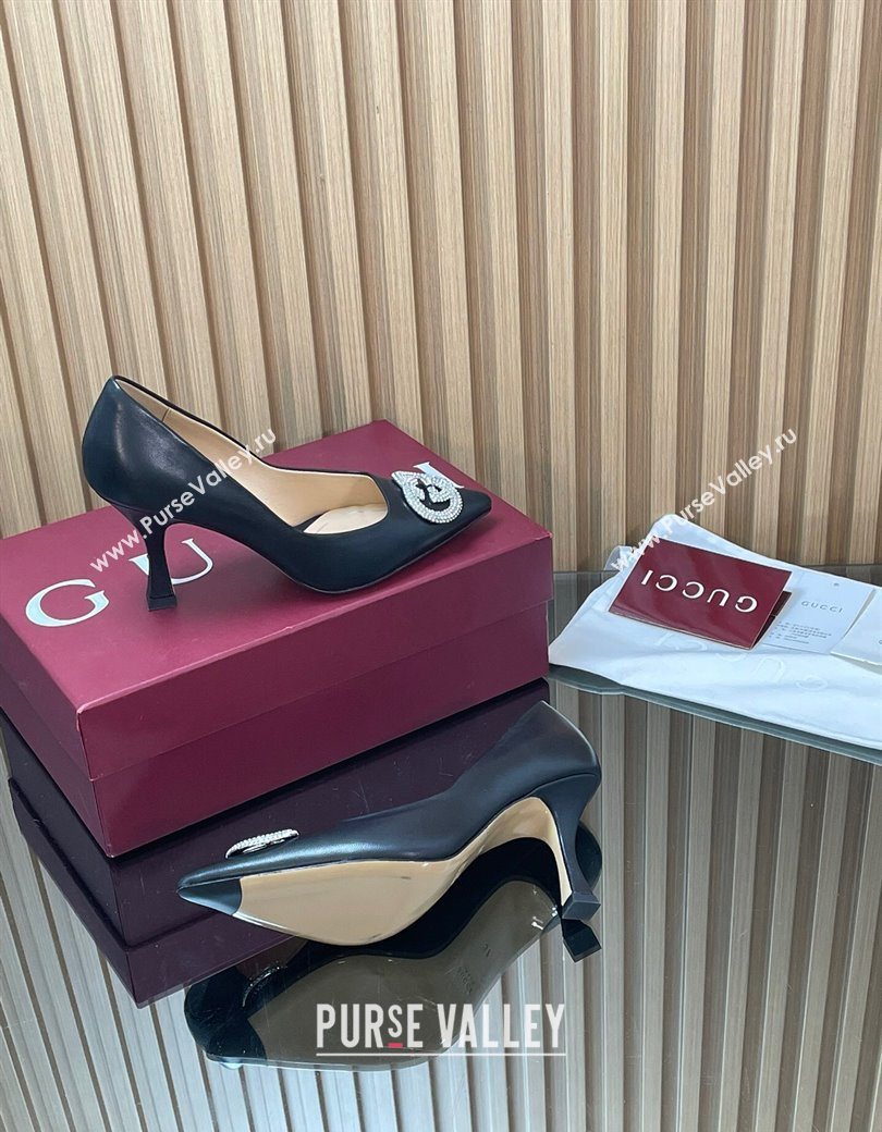 Gucci Calf Leather Pumps 8.5cm with Strass Interlocking G Black 2025 852995 (MD-251218080)