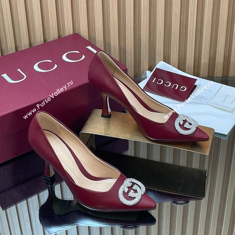 Gucci Calf Leather Pumps 8.5cm with Strass Interlocking G Dark Burgundy 2025 852995 (MD-251218081)