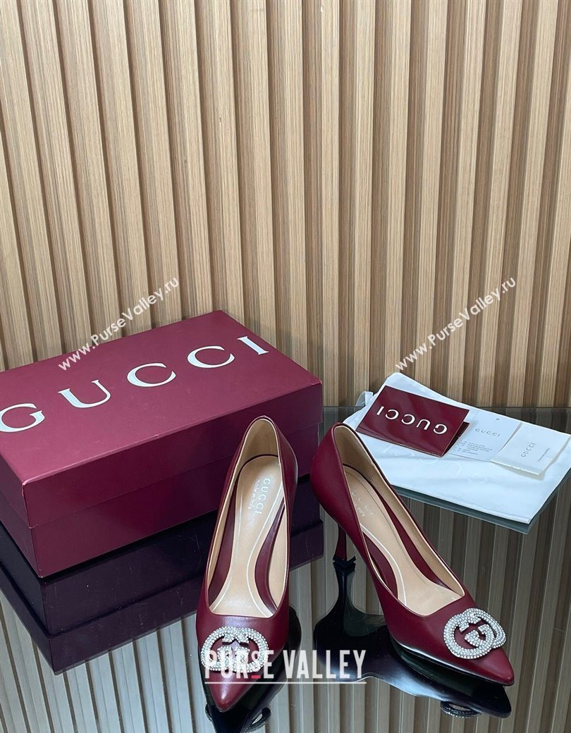 Gucci Calf Leather Pumps 8.5cm with Strass Interlocking G Dark Burgundy 2025 852995 (MD-251218081)