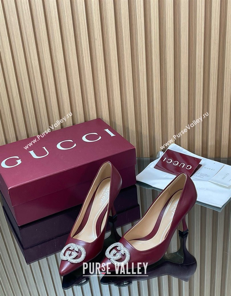 Gucci Calf Leather Pumps 8.5cm with Strass Interlocking G Dark Burgundy 2025 852995 (MD-251218081)