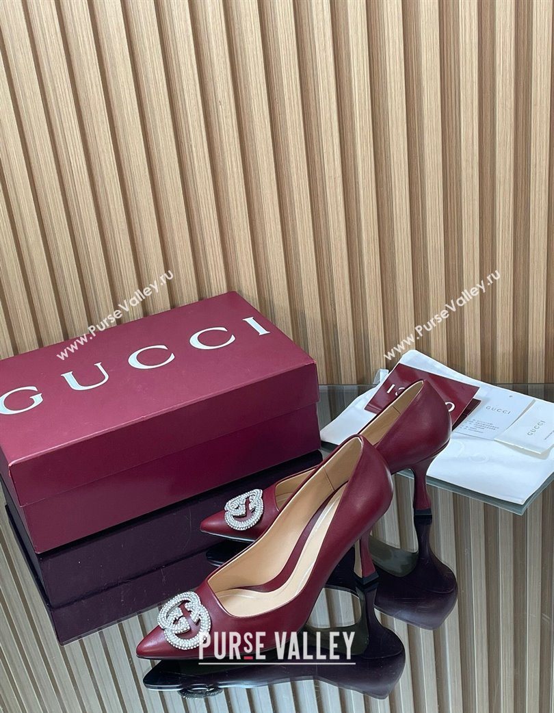 Gucci Calf Leather Pumps 8.5cm with Strass Interlocking G Dark Burgundy 2025 852995 (MD-251218081)