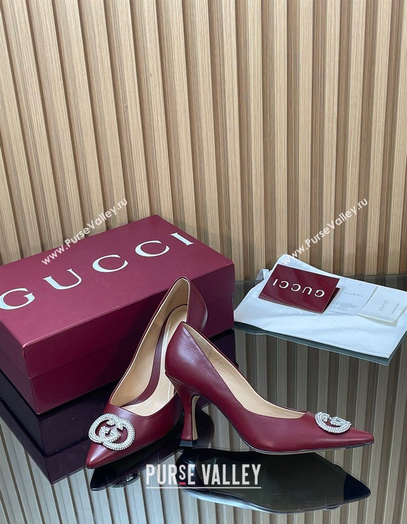 Gucci Calf Leather Pumps 8.5cm with Strass Interlocking G Dark Burgundy 2025 852995 (MD-251218081)
