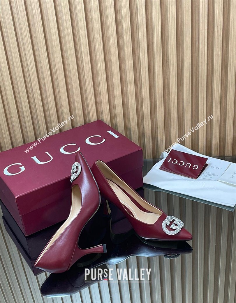 Gucci Calf Leather Pumps 8.5cm with Strass Interlocking G Dark Burgundy 2025 852995 (MD-251218081)