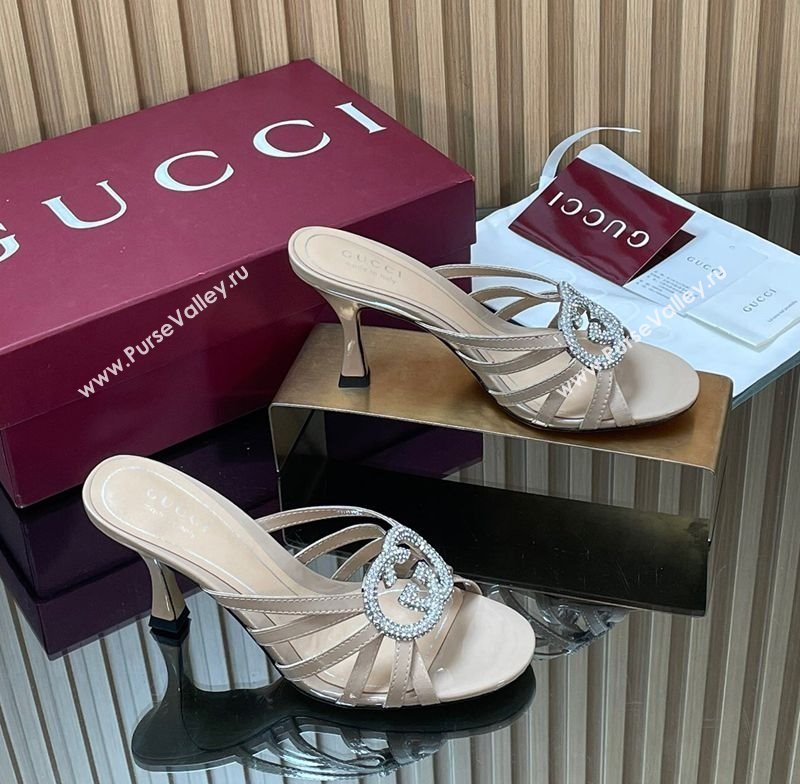 Gucci Patent Leather Heel Slides Sandal 8.5cm with Strass Interlocking G Nude 2025 852663 (MD-251217098)