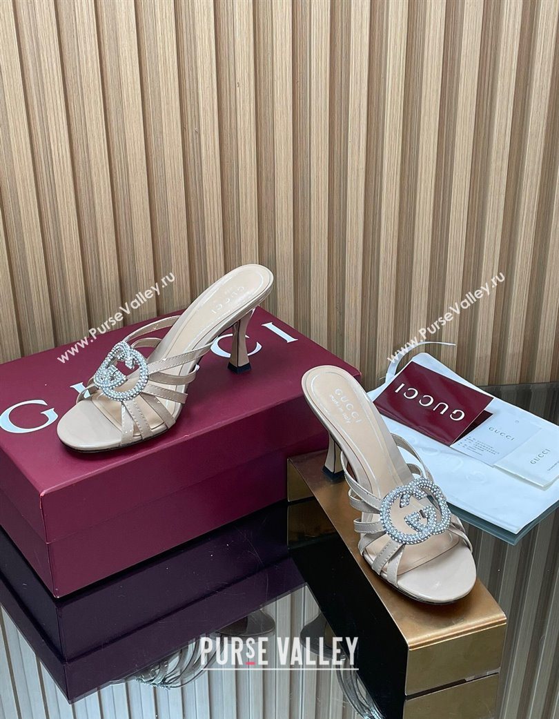 Gucci Patent Leather Heel Slides Sandal 8.5cm with Strass Interlocking G Nude 2025 852663 (MD-251217098)
