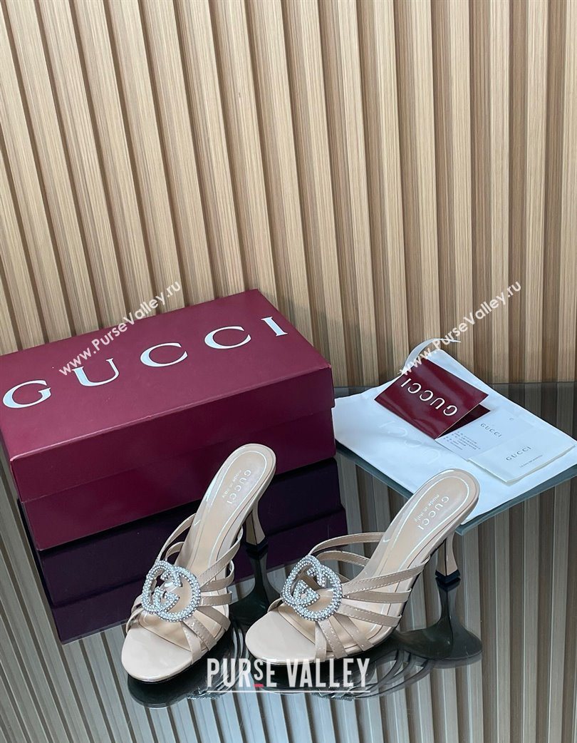 Gucci Patent Leather Heel Slides Sandal 8.5cm with Strass Interlocking G Nude 2025 852663 (MD-251217098)