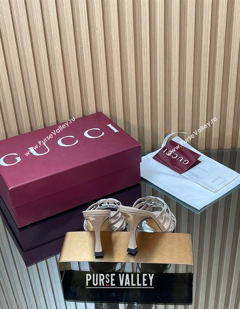 Gucci Patent Leather Heel Slides Sandal 8.5cm with Strass Interlocking G Nude 2025 852663 (MD-251217098)
