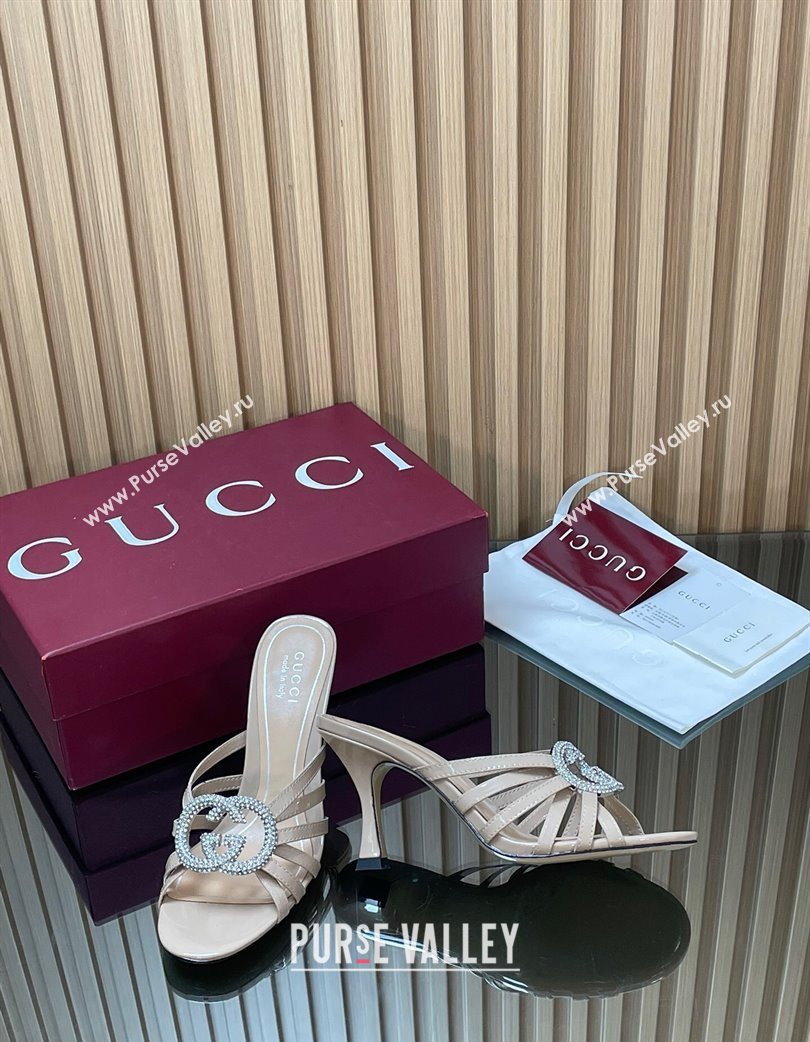 Gucci Patent Leather Heel Slides Sandal 8.5cm with Strass Interlocking G Nude 2025 852663 (MD-251217098)