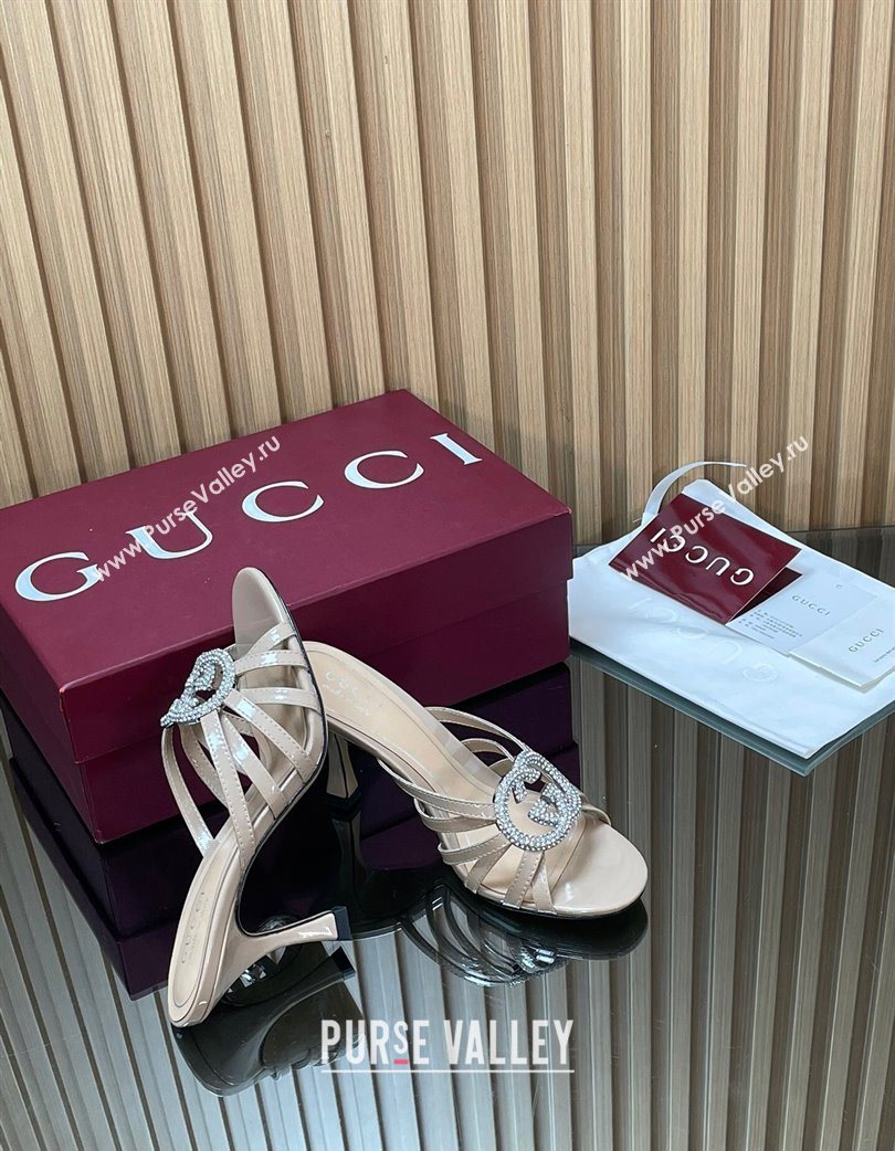 Gucci Patent Leather Heel Slides Sandal 8.5cm with Strass Interlocking G Nude 2025 852663 (MD-251217098)