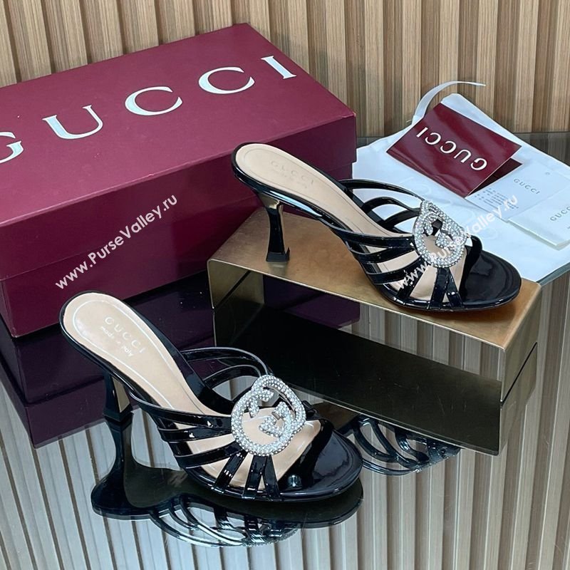 Gucci Patent Leather Heel Slides Sandal 8.5cm with Strass Interlocking G Black 2025 852663 (MD-251217099)