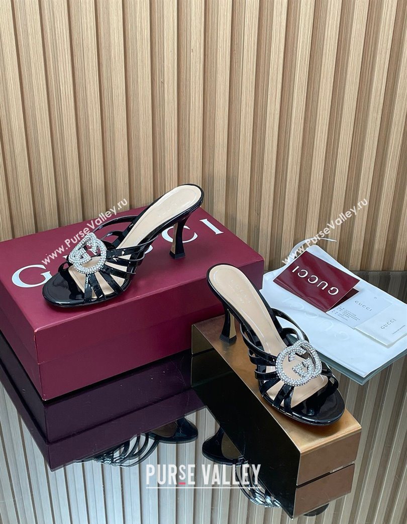 Gucci Patent Leather Heel Slides Sandal 8.5cm with Strass Interlocking G Black 2025 852663 (MD-251217099)