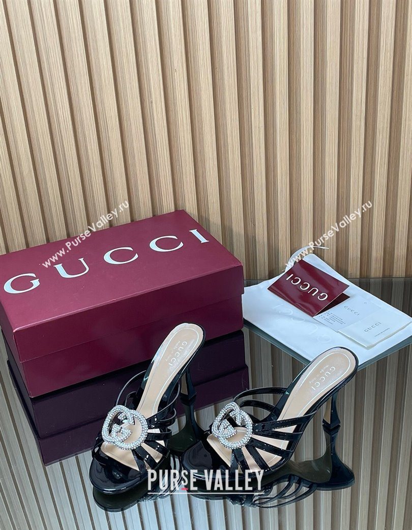Gucci Patent Leather Heel Slides Sandal 8.5cm with Strass Interlocking G Black 2025 852663 (MD-251217099)