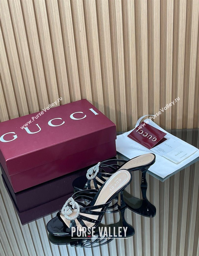 Gucci Patent Leather Heel Slides Sandal 8.5cm with Strass Interlocking G Black 2025 852663 (MD-251217099)