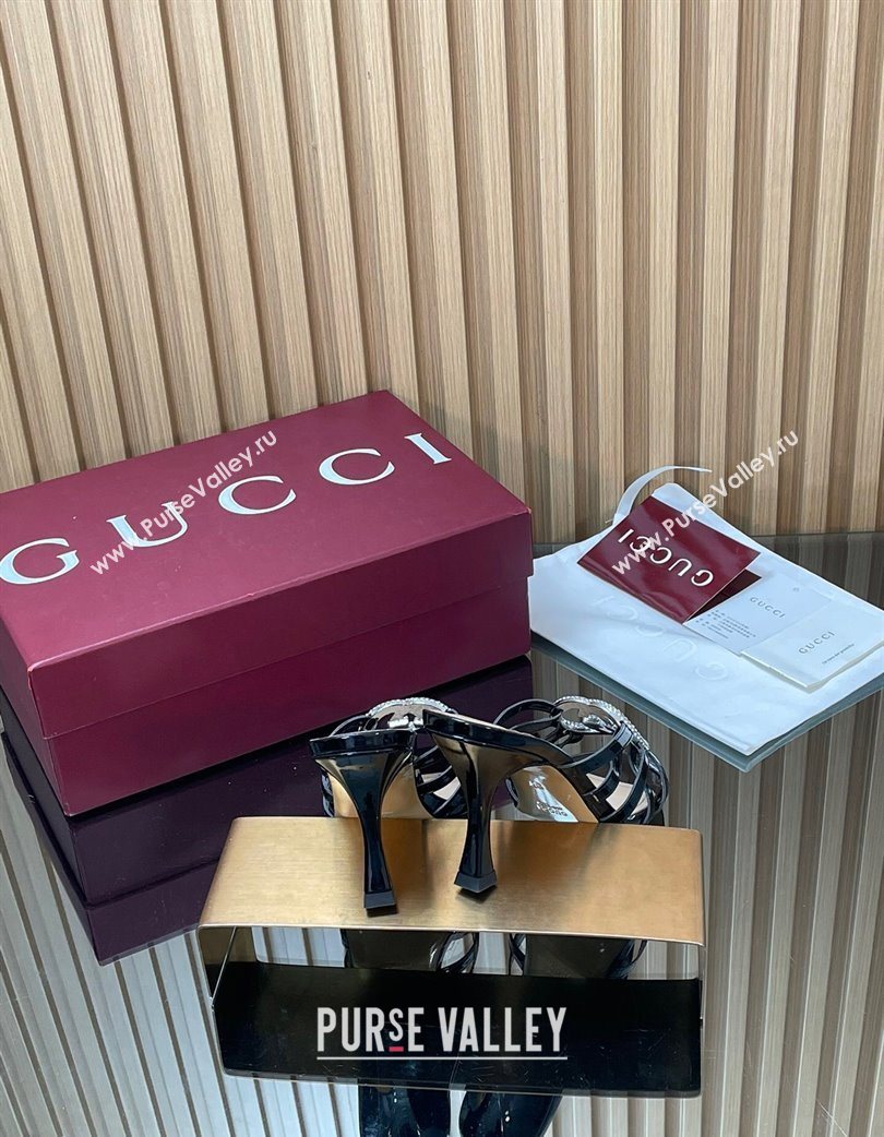 Gucci Patent Leather Heel Slides Sandal 8.5cm with Strass Interlocking G Black 2025 852663 (MD-251217099)