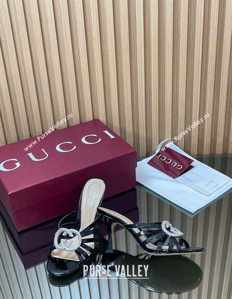 Gucci Patent Leather Heel Slides Sandal 8.5cm with Strass Interlocking G Black 2025 852663 (MD-251217099)