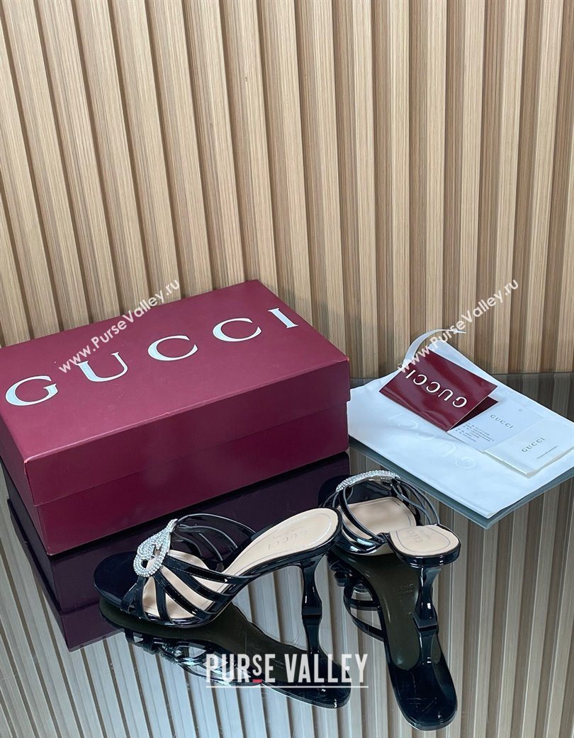 Gucci Patent Leather Heel Slides Sandal 8.5cm with Strass Interlocking G Black 2025 852663 (MD-251217099)
