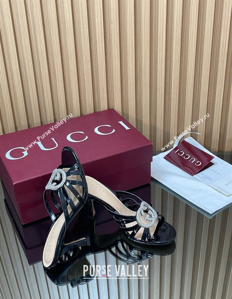Gucci Patent Leather Heel Slides Sandal 8.5cm with Strass Interlocking G Black 2025 852663 (MD-251217099)