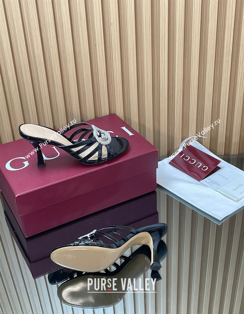 Gucci Patent Leather Heel Slides Sandal 8.5cm with Strass Interlocking G Black 2025 852663 (MD-251217099)