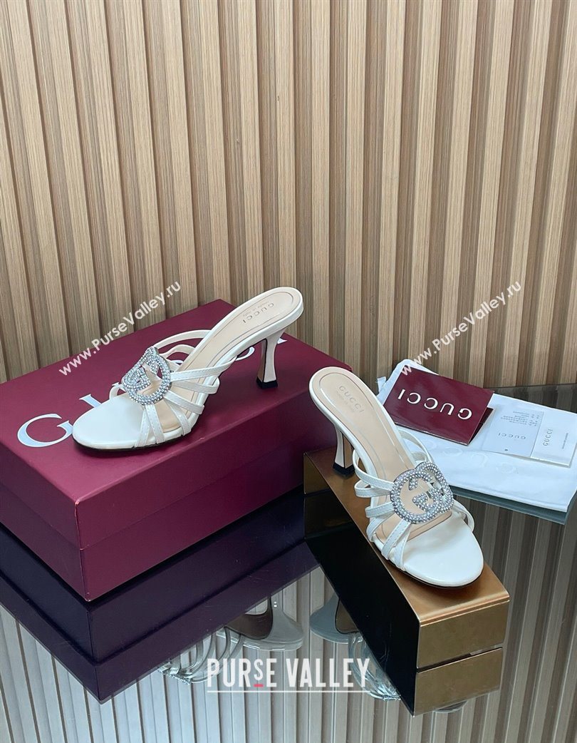 Gucci Patent Leather Heel Slides Sandal 8.5cm with Strass Interlocking G White 2025 852663 (MD-251217100)
